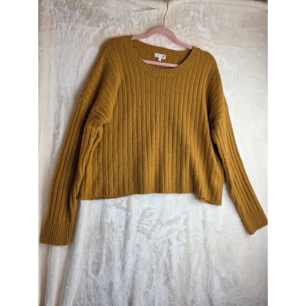 Ribbed Knit Sweater Mustard Yellow Crew Neck‎ Long Sleeve Relaxed Fit Women's L